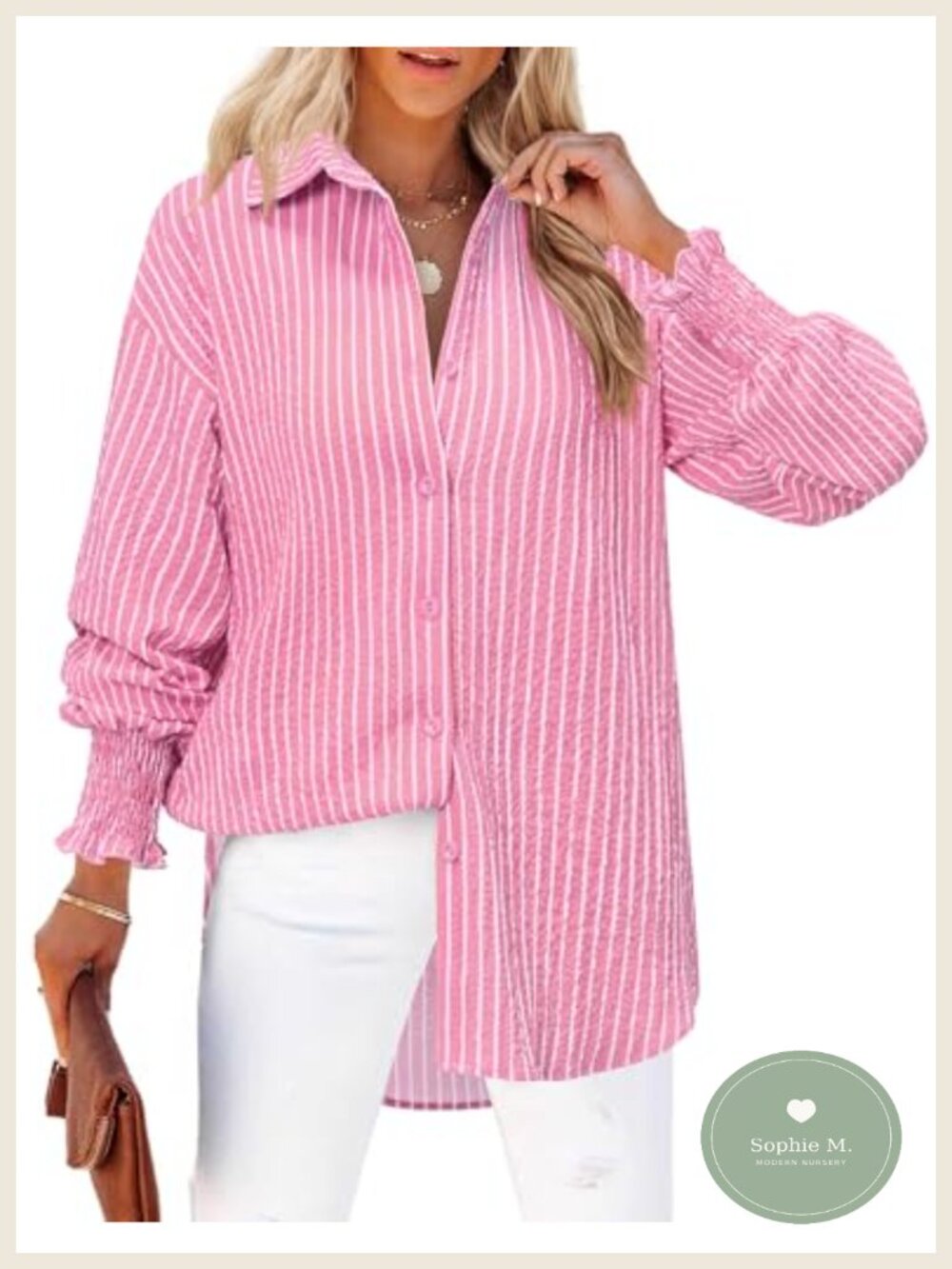 Women's Striped Long Sleeve Smocked Cuffed Button Down Blouse